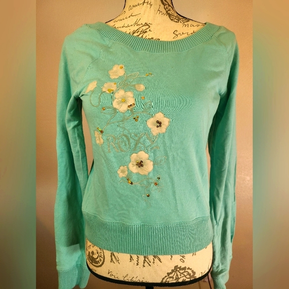 Vintage Roxy Wide Neck Plunge Back Embellished Sweatshirt sz L - Picture 1 of 4